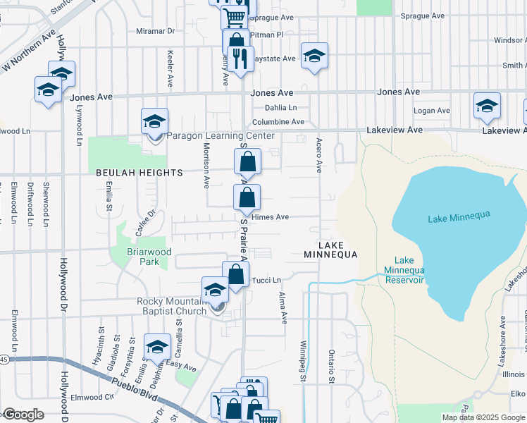 map of restaurants, bars, coffee shops, grocery stores, and more near 2709 Himes Avenue in Pueblo