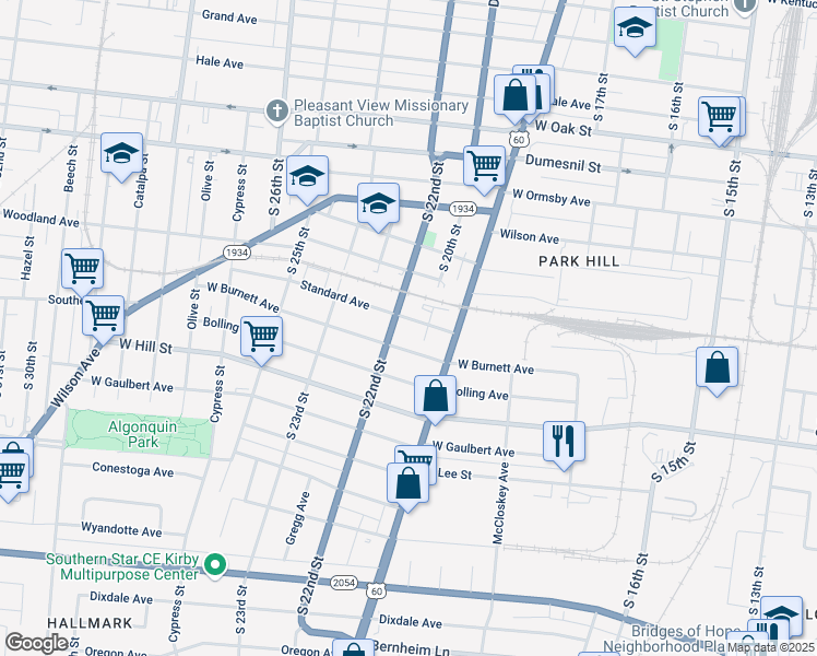 map of restaurants, bars, coffee shops, grocery stores, and more near 1825 West Burnett Avenue in Louisville