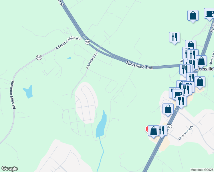 map of restaurants, bars, coffee shops, grocery stores, and more near 198 Larchmont Circle in Ruckersville