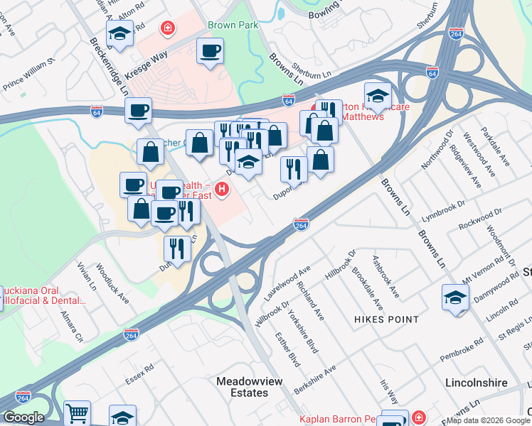 map of restaurants, bars, coffee shops, grocery stores, and more near 3920 Dupont Square South in Saint Matthews