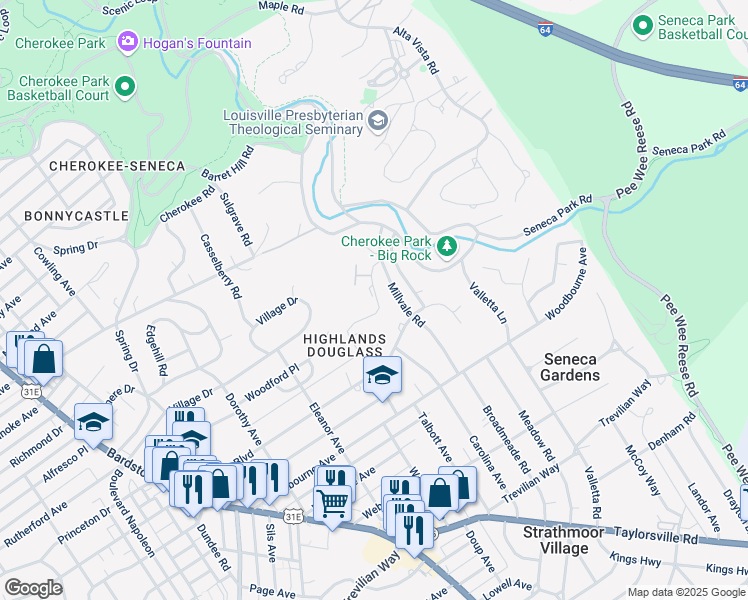 map of restaurants, bars, coffee shops, grocery stores, and more near 2100 Millvale Road in Louisville
