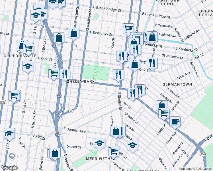map of restaurants, bars, coffee shops, grocery stores, and more near 633 East Ormsby Avenue in Louisville