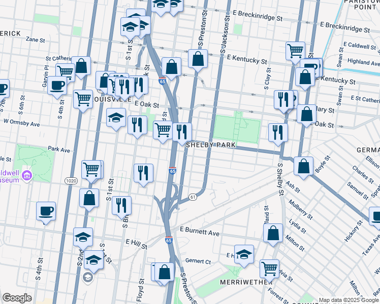 map of restaurants, bars, coffee shops, grocery stores, and more near 418 East Ormsby Avenue in Louisville