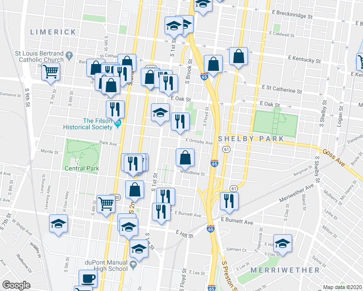 map of restaurants, bars, coffee shops, grocery stores, and more near 1329 South Brook Street in Louisville