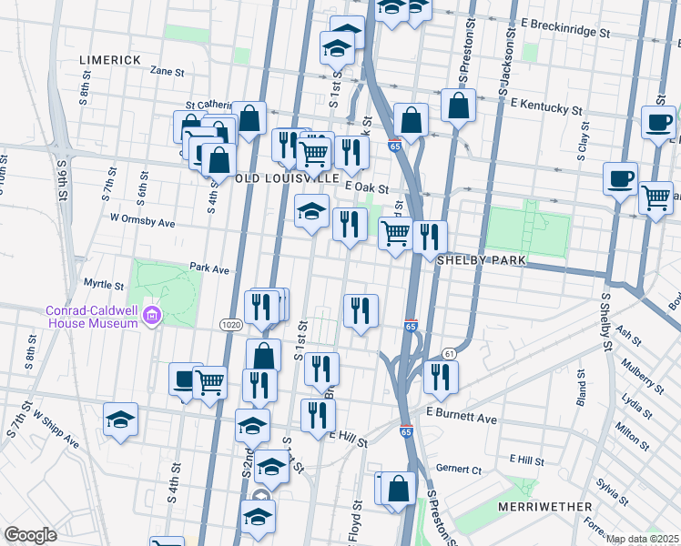 map of restaurants, bars, coffee shops, grocery stores, and more near 1328 South Brook Street in Louisville