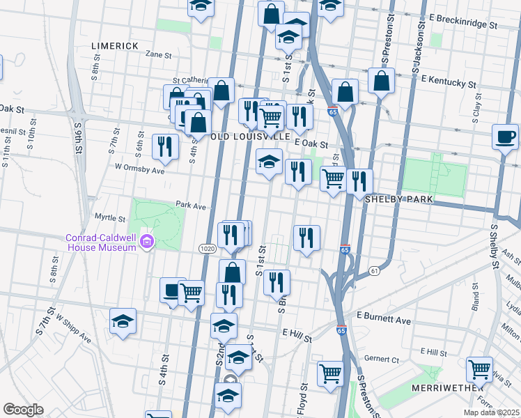 map of restaurants, bars, coffee shops, grocery stores, and more near 1348 South 1st Street in Louisville