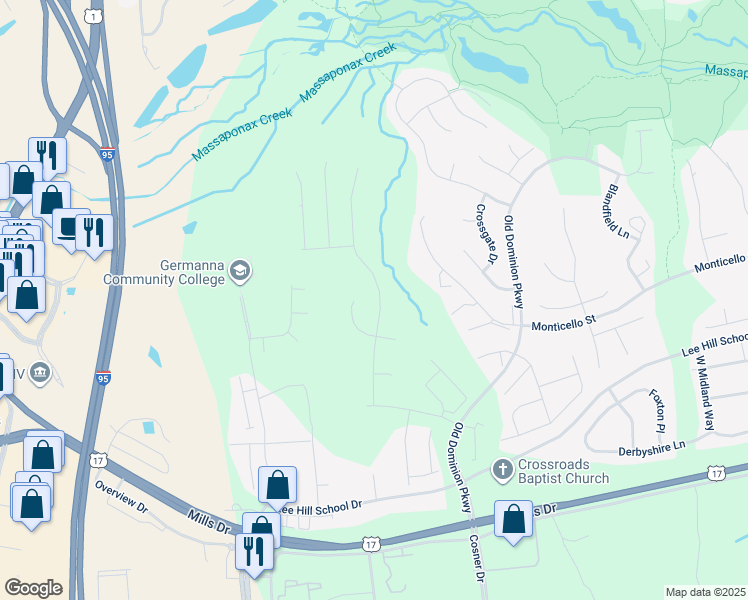 map of restaurants, bars, coffee shops, grocery stores, and more near 9708 Gunston Hall Road in Fredericksburg