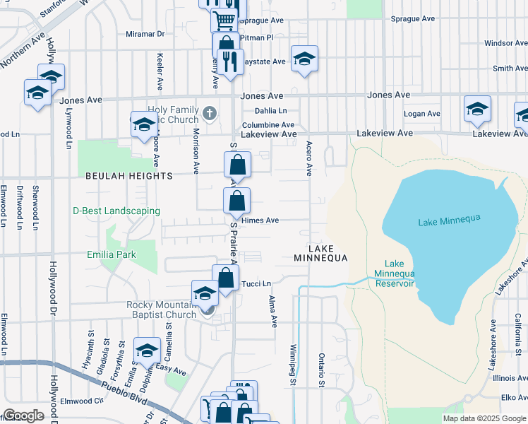 map of restaurants, bars, coffee shops, grocery stores, and more near 2625 Himes Avenue in Pueblo
