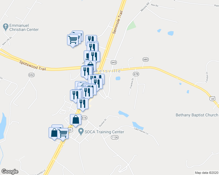 map of restaurants, bars, coffee shops, grocery stores, and more near 339 Jennings Loop in Ruckersville