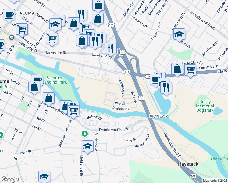 map of restaurants, bars, coffee shops, grocery stores, and more near 700 Caulfield Lane in Petaluma
