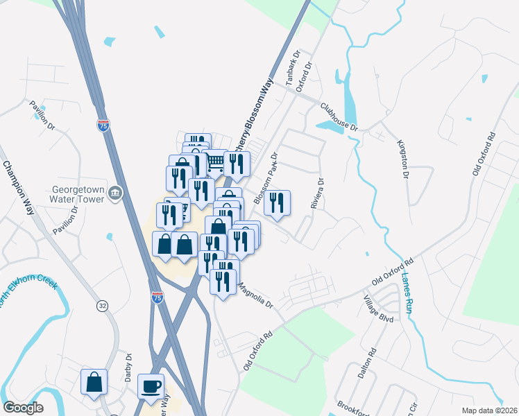map of restaurants, bars, coffee shops, grocery stores, and more near 123 Blossom Park Drive in Georgetown