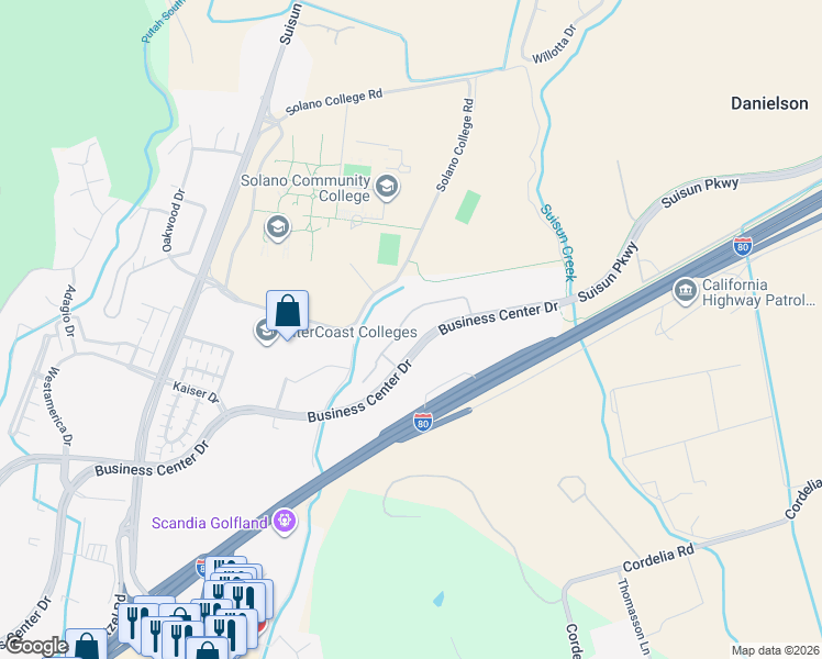 map of restaurants, bars, coffee shops, grocery stores, and more near 3900 Business Center Drive in Fairfield