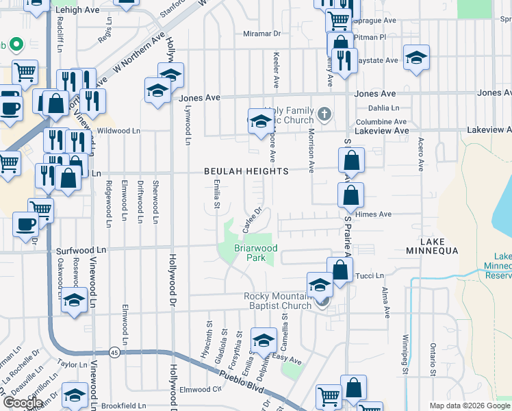 map of restaurants, bars, coffee shops, grocery stores, and more near 2013 Carlee Drive in Pueblo