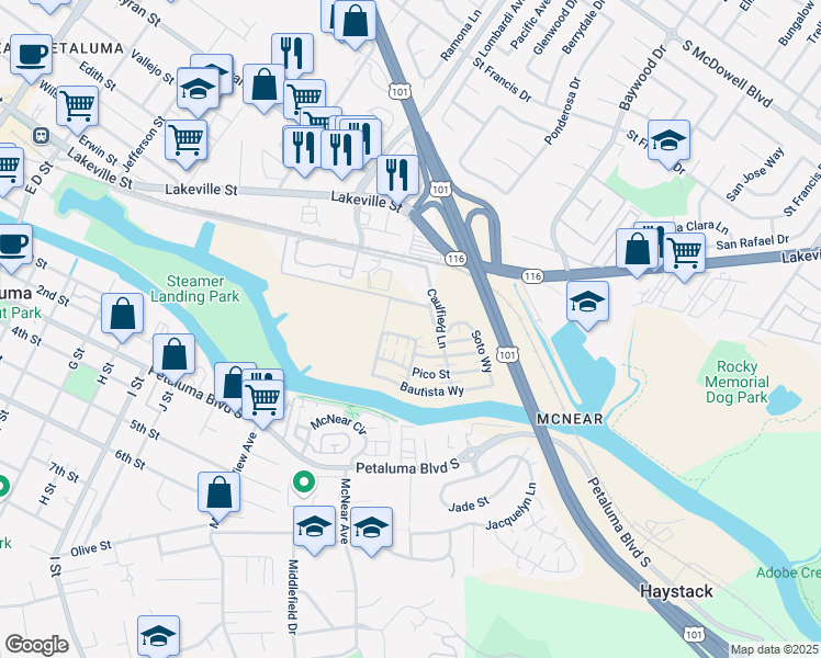 map of restaurants, bars, coffee shops, grocery stores, and more near 700 Caulfield Lane in Petaluma