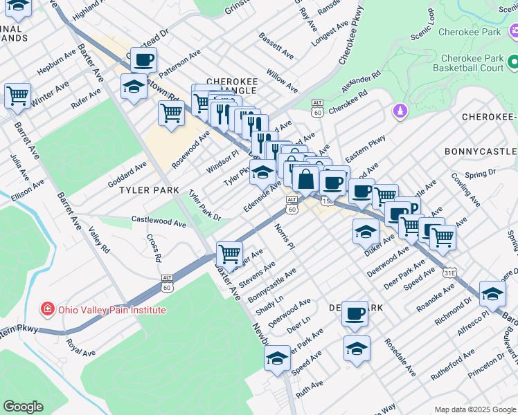 map of restaurants, bars, coffee shops, grocery stores, and more near 1824 Edgeland Avenue in Louisville