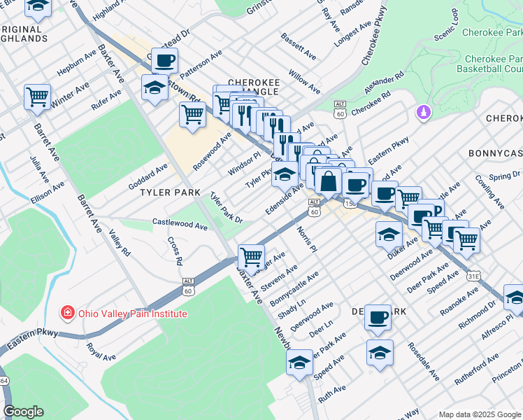 map of restaurants, bars, coffee shops, grocery stores, and more near 1824 Edgeland Avenue in Louisville