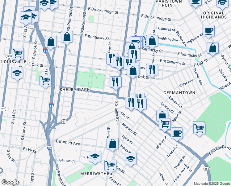 map of restaurants, bars, coffee shops, grocery stores, and more near 1241 South Shelby Street in Louisville