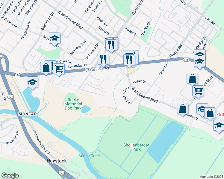 map of restaurants, bars, coffee shops, grocery stores, and more near 1435 Technology Lane in Petaluma