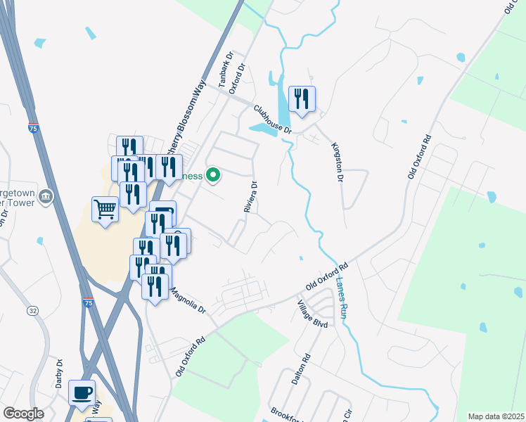 map of restaurants, bars, coffee shops, grocery stores, and more near 106 Bethpage Path in Georgetown