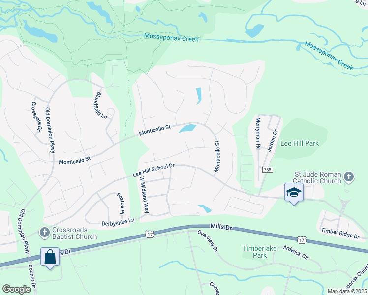 map of restaurants, bars, coffee shops, grocery stores, and more near 4101 Mossy Bank Lane in Fredericksburg