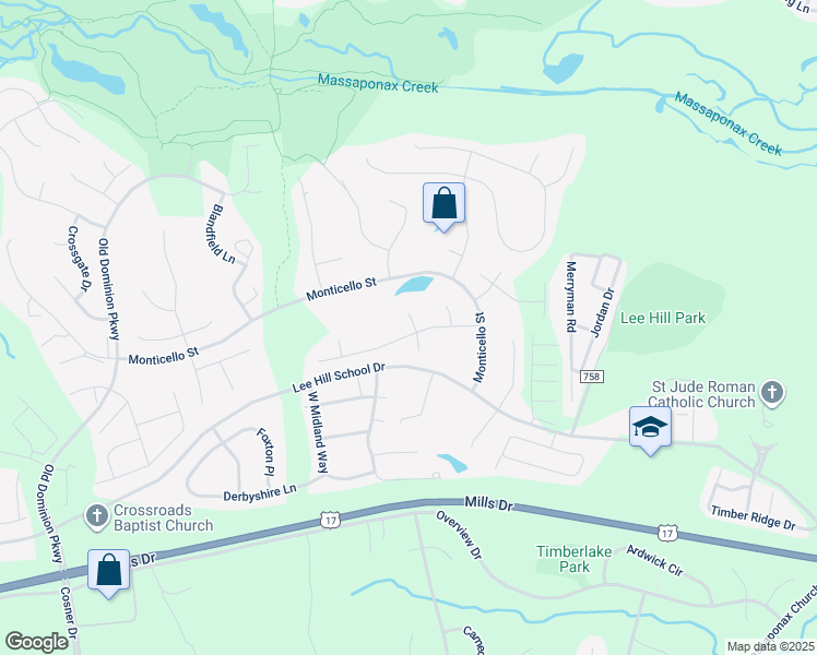 map of restaurants, bars, coffee shops, grocery stores, and more near 4101 Mossy Bank Lane in Fredericksburg
