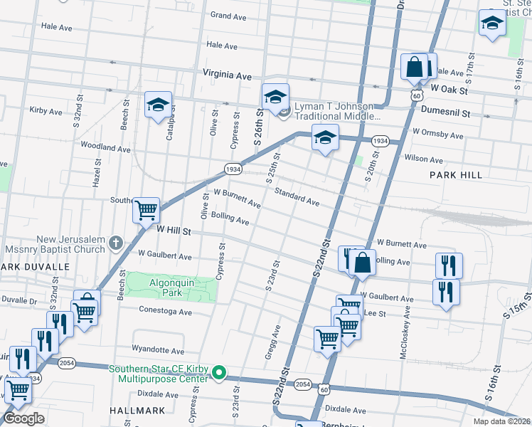 map of restaurants, bars, coffee shops, grocery stores, and more near 2327 West Burnett Avenue in Louisville