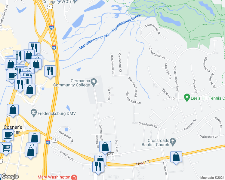 map of restaurants, bars, coffee shops, grocery stores, and more near 4504 Luau Court in Fredericksburg
