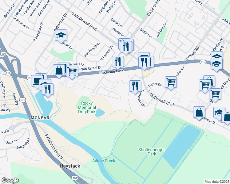 map of restaurants, bars, coffee shops, grocery stores, and more near 1400 Technology Lane in Petaluma