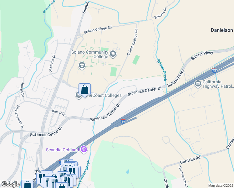 map of restaurants, bars, coffee shops, grocery stores, and more near 3900 Business Center Drive in Fairfield