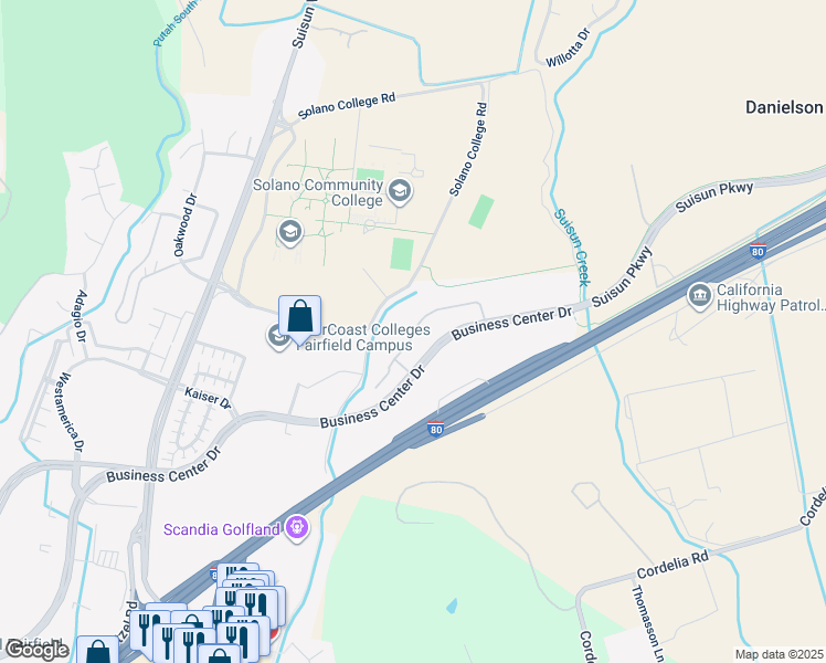 map of restaurants, bars, coffee shops, grocery stores, and more near 3900 Business Center Drive in Fairfield