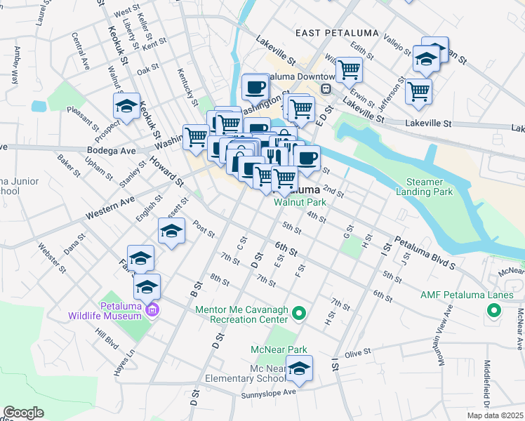 map of restaurants, bars, coffee shops, grocery stores, and more near 32 4th Street in Petaluma
