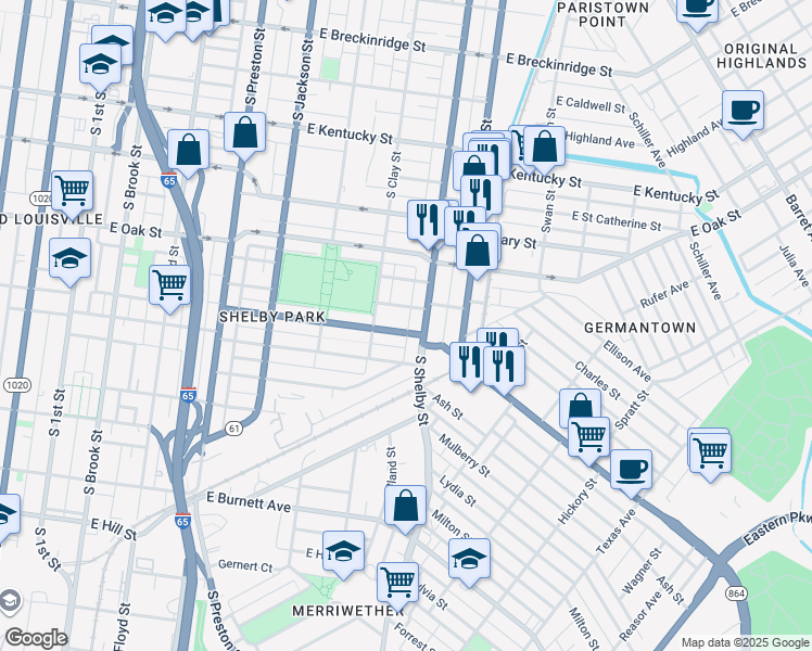 map of restaurants, bars, coffee shops, grocery stores, and more near 714 Shelby Parkway in Louisville