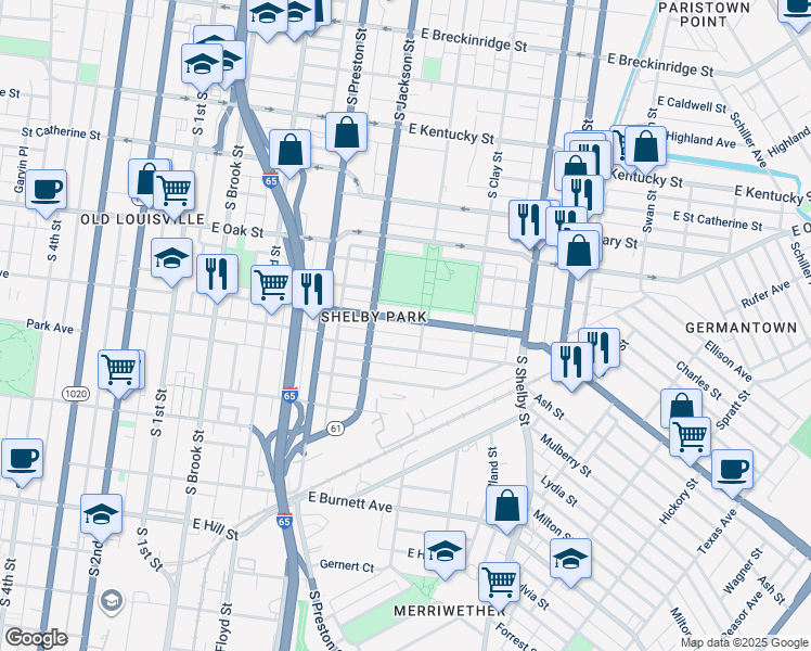map of restaurants, bars, coffee shops, grocery stores, and more near 537 Camp Street in Louisville