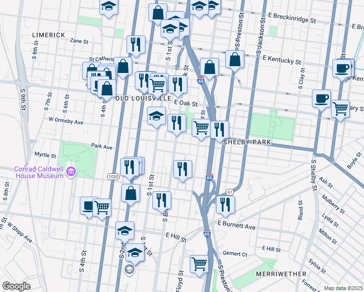 map of restaurants, bars, coffee shops, grocery stores, and more near 215 East Ormsby Avenue in Louisville