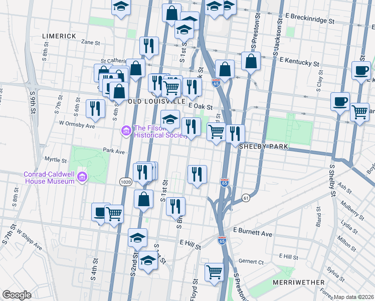 map of restaurants, bars, coffee shops, grocery stores, and more near 115 East Ormsby Avenue in Louisville