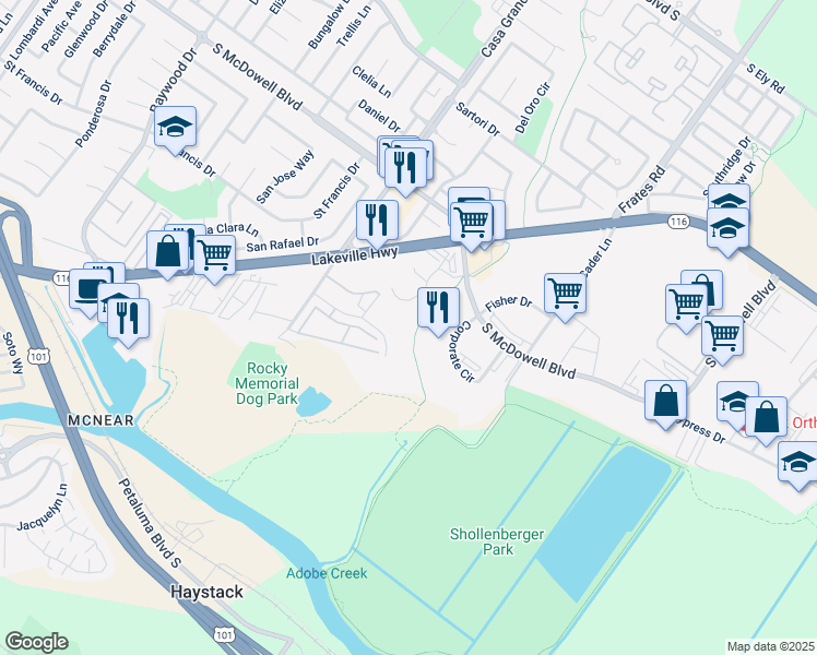 map of restaurants, bars, coffee shops, grocery stores, and more near 1435 Technology Lane in Petaluma