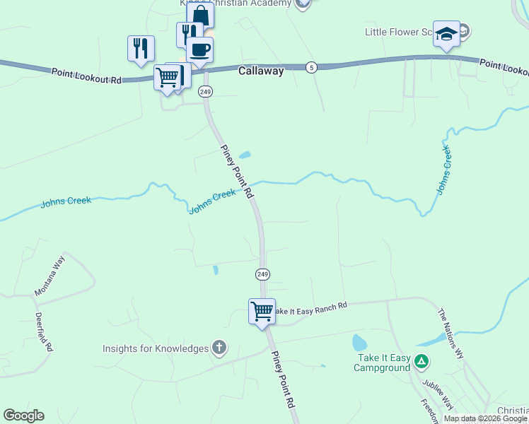map of restaurants, bars, coffee shops, grocery stores, and more near 20526 Piney Point Road in Callaway