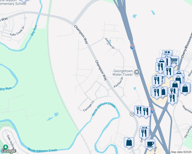 map of restaurants, bars, coffee shops, grocery stores, and more near 148 Camp Creek Way in Georgetown