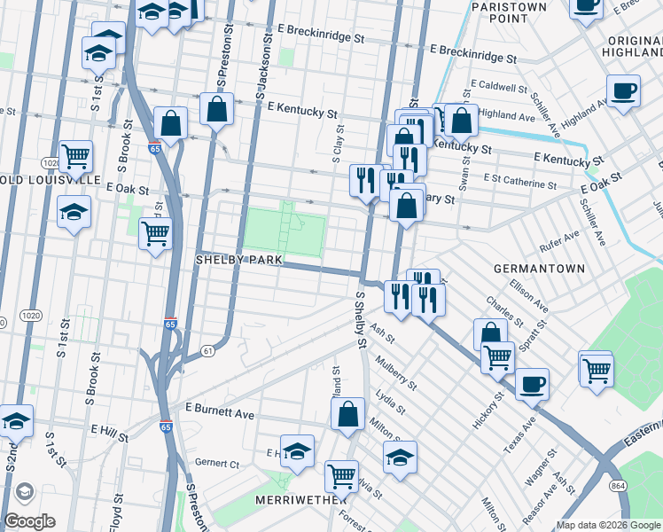 map of restaurants, bars, coffee shops, grocery stores, and more near 711 Camp Street in Louisville