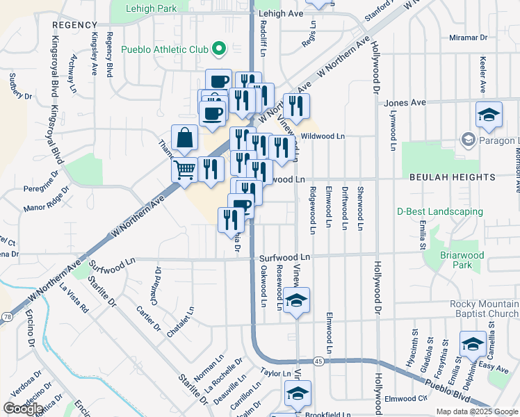 map of restaurants, bars, coffee shops, grocery stores, and more near 1979-1981 South Pueblo Boulevard in Pueblo