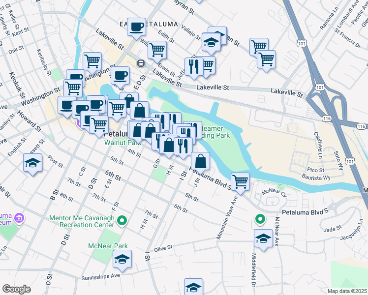 map of restaurants, bars, coffee shops, grocery stores, and more near 105n H Street in Petaluma