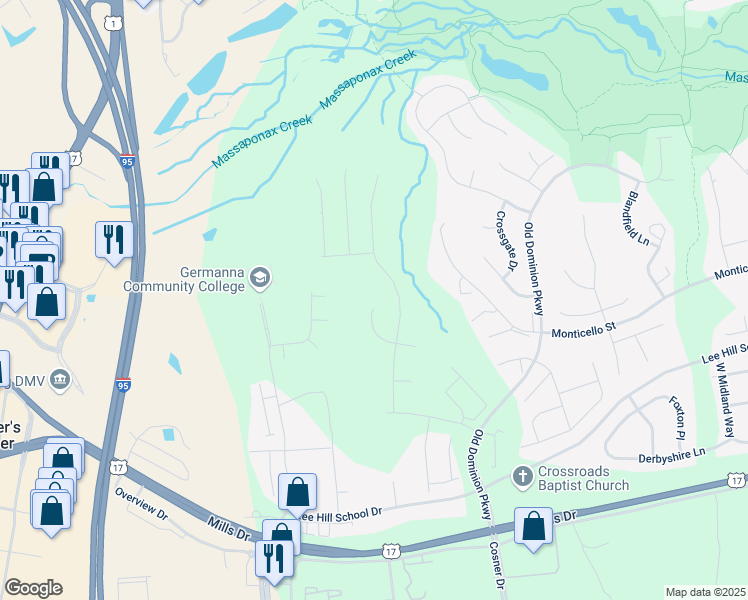 map of restaurants, bars, coffee shops, grocery stores, and more near 4413 Murven Park Lane in Fredericksburg