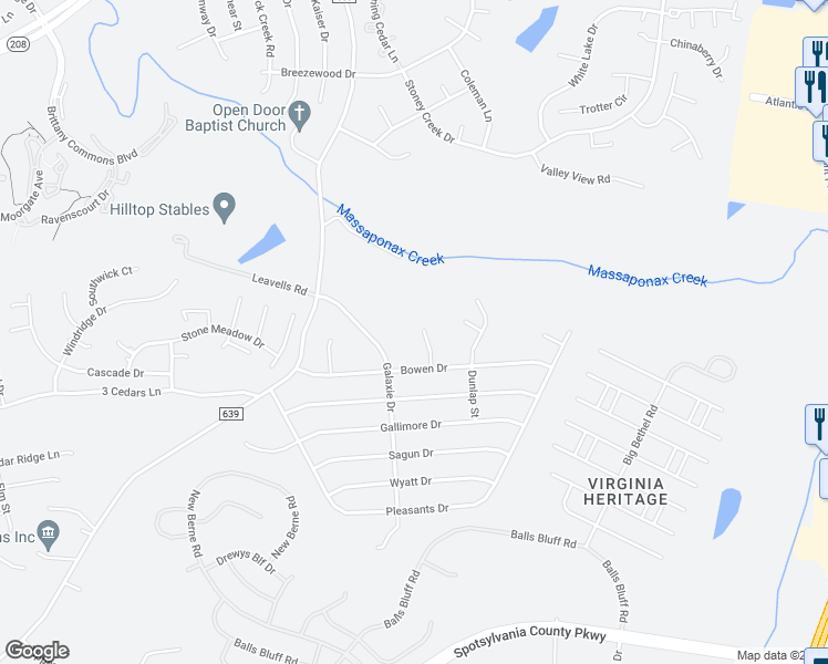 map of restaurants, bars, coffee shops, grocery stores, and more near 707 Candle Ridge Court in Fredericksburg