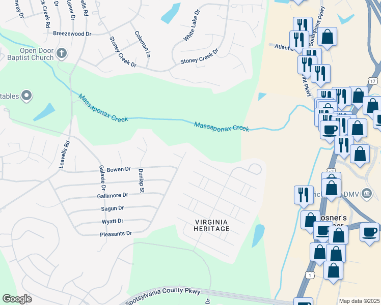 map of restaurants, bars, coffee shops, grocery stores, and more near 712 Pleasants Drive in Fredericksburg