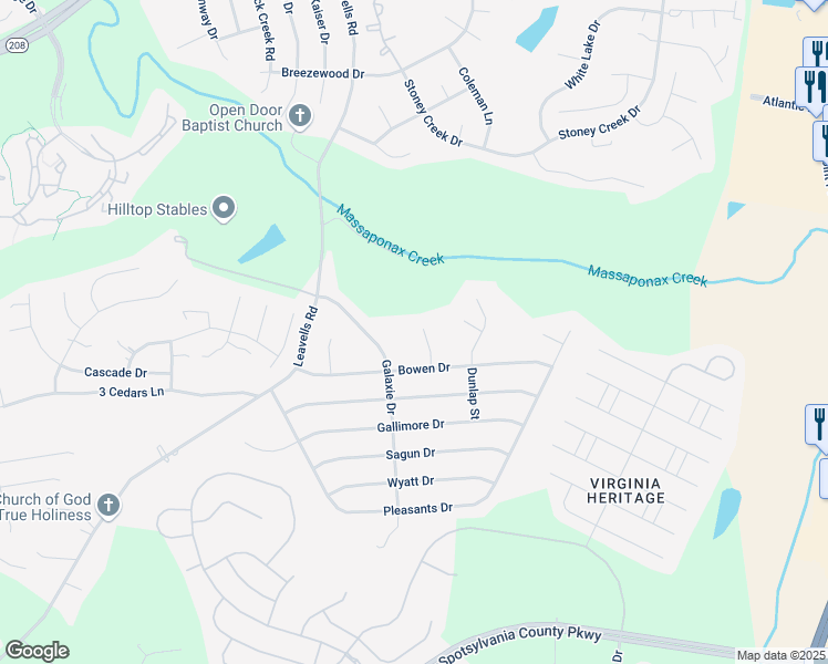 map of restaurants, bars, coffee shops, grocery stores, and more near 707 Candle Ridge Court in Fredericksburg