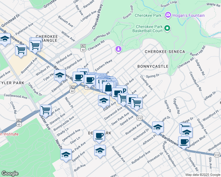 map of restaurants, bars, coffee shops, grocery stores, and more near 2023 Alta Avenue in Louisville