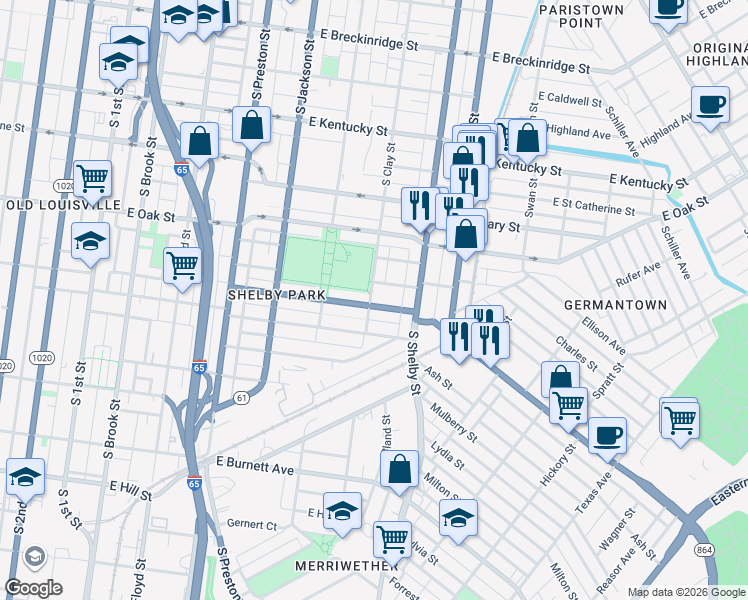 map of restaurants, bars, coffee shops, grocery stores, and more near 714 Shelby Parkway in Louisville