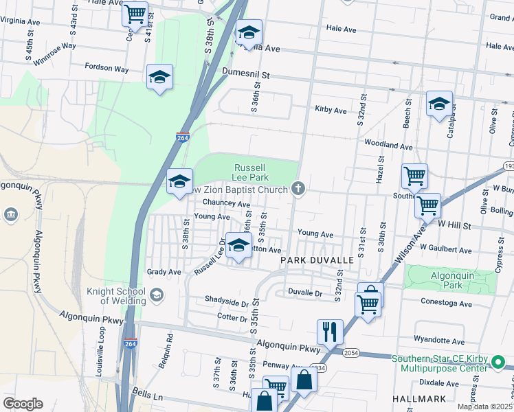 map of restaurants, bars, coffee shops, grocery stores, and more near Chauncey Avenue in Louisville