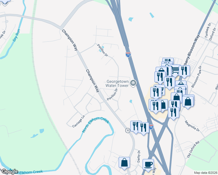 map of restaurants, bars, coffee shops, grocery stores, and more near 116 Winners Circle in Georgetown