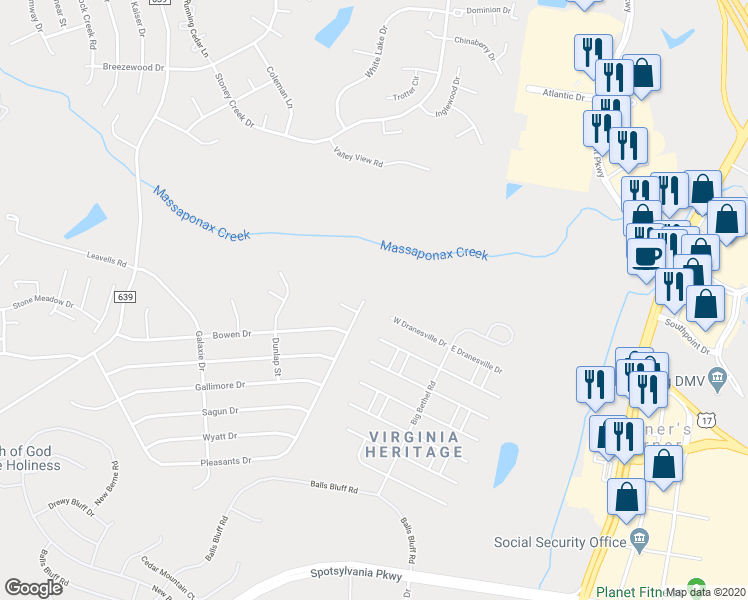 map of restaurants, bars, coffee shops, grocery stores, and more near 712 Pleasants Drive in Fredericksburg